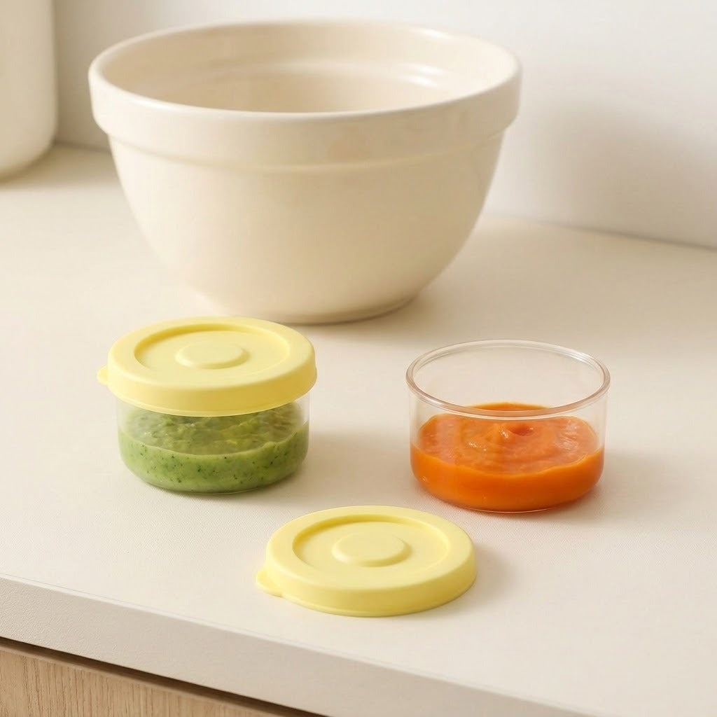 Two small clear baby food storage containers with yellow lids, one filled with green puree and the other with orange puree, shown on a white countertop with a large white bowl in the background.