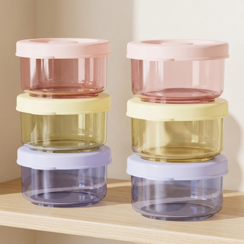 Six small translucent plastic storage containers with lids, stacked in two columns of three on a light wood shelf against a warm beige wall. The containers come in translucent pink, pale yellow, lavender, and dark purple shades.