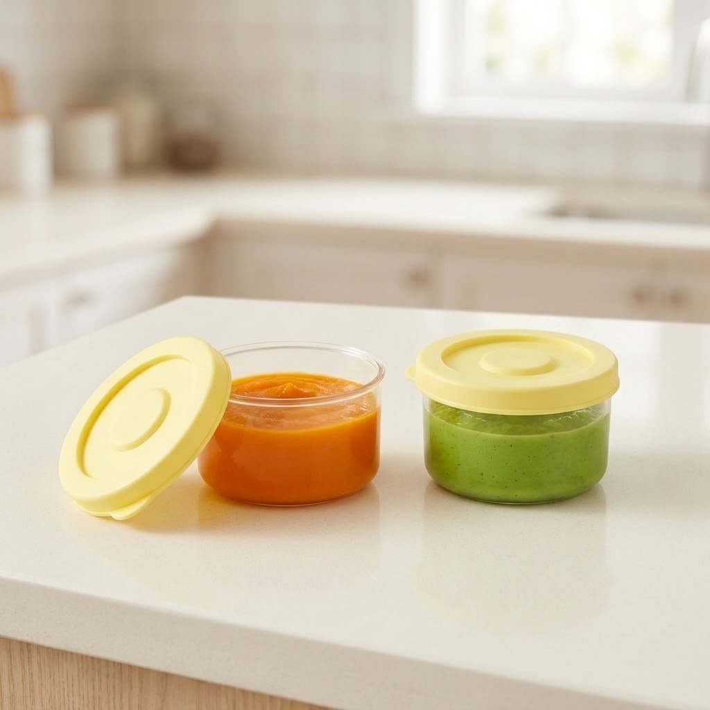 Two clear round containers hold orange and green purees on a white kitchen counter, with one yellow lid removed and one closed.