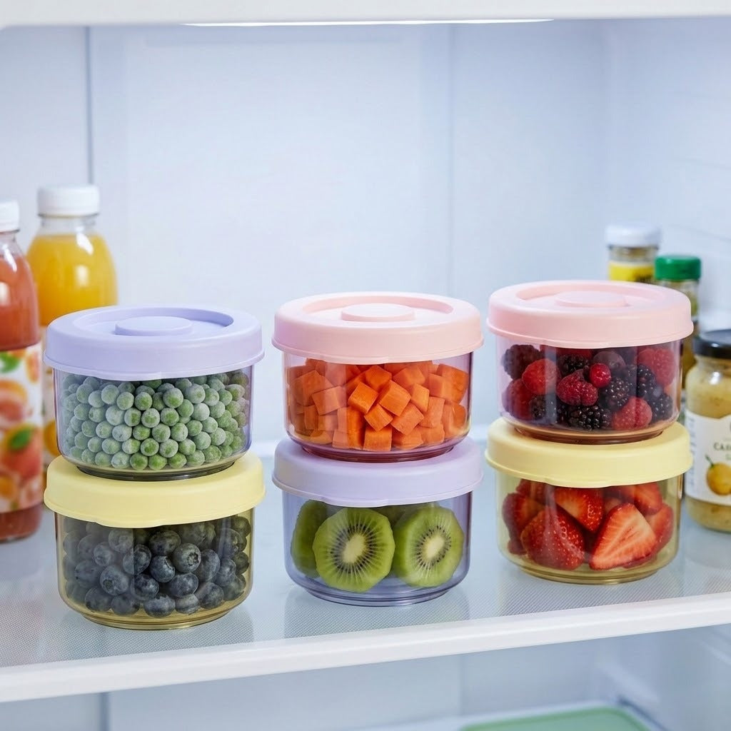 Six clear round containers with pink, yellow, and lavender lids hold fruit and vegetables, stacked in pairs on a refrigerator shelf.