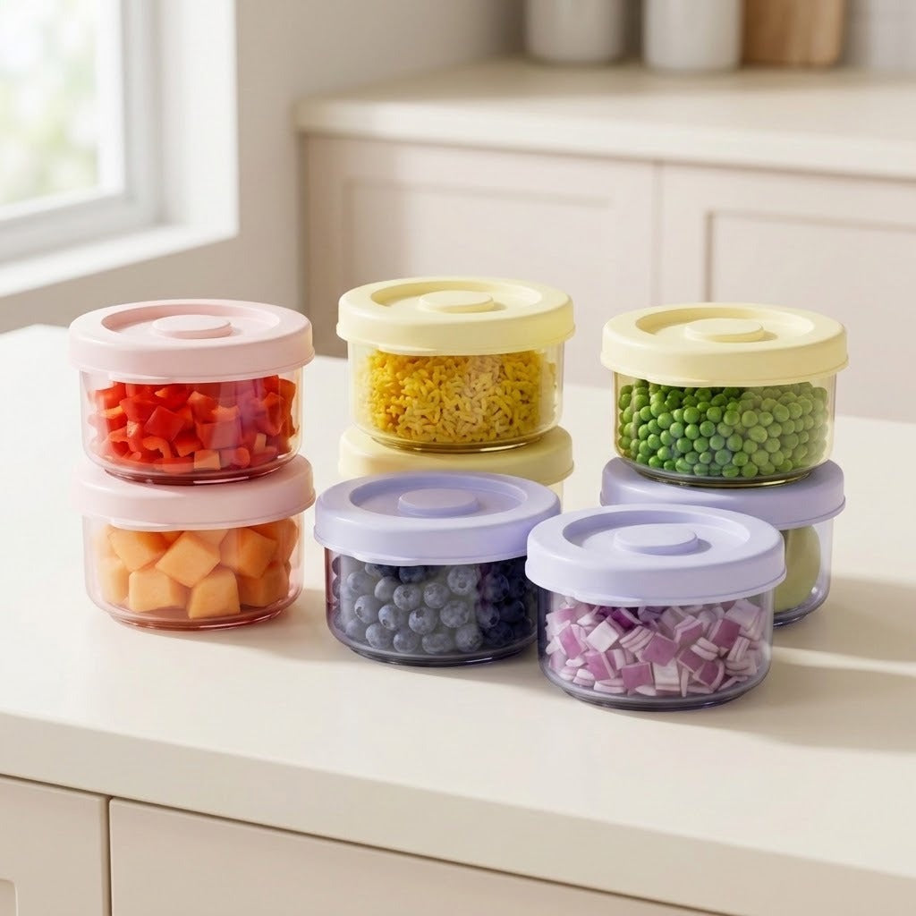 Clear round containers with pink, yellow, and lavender lids hold chopped vegetables and blueberries, arranged in stacks on a white kitchen counter.
