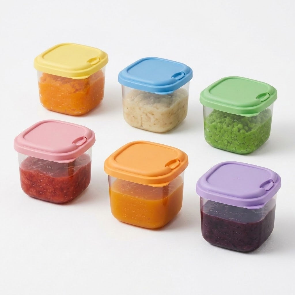 Six clear square containers filled with colorful purees have yellow, blue, green, pink, orange, and purple lids against a white background.