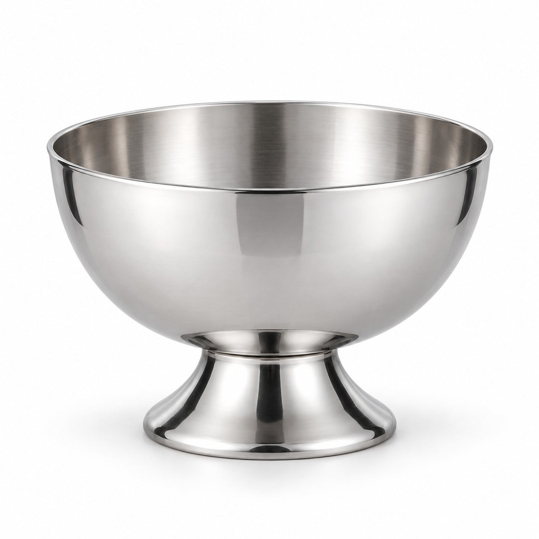 One short pedestal stainless steel dessert cup stands alone on a white background.