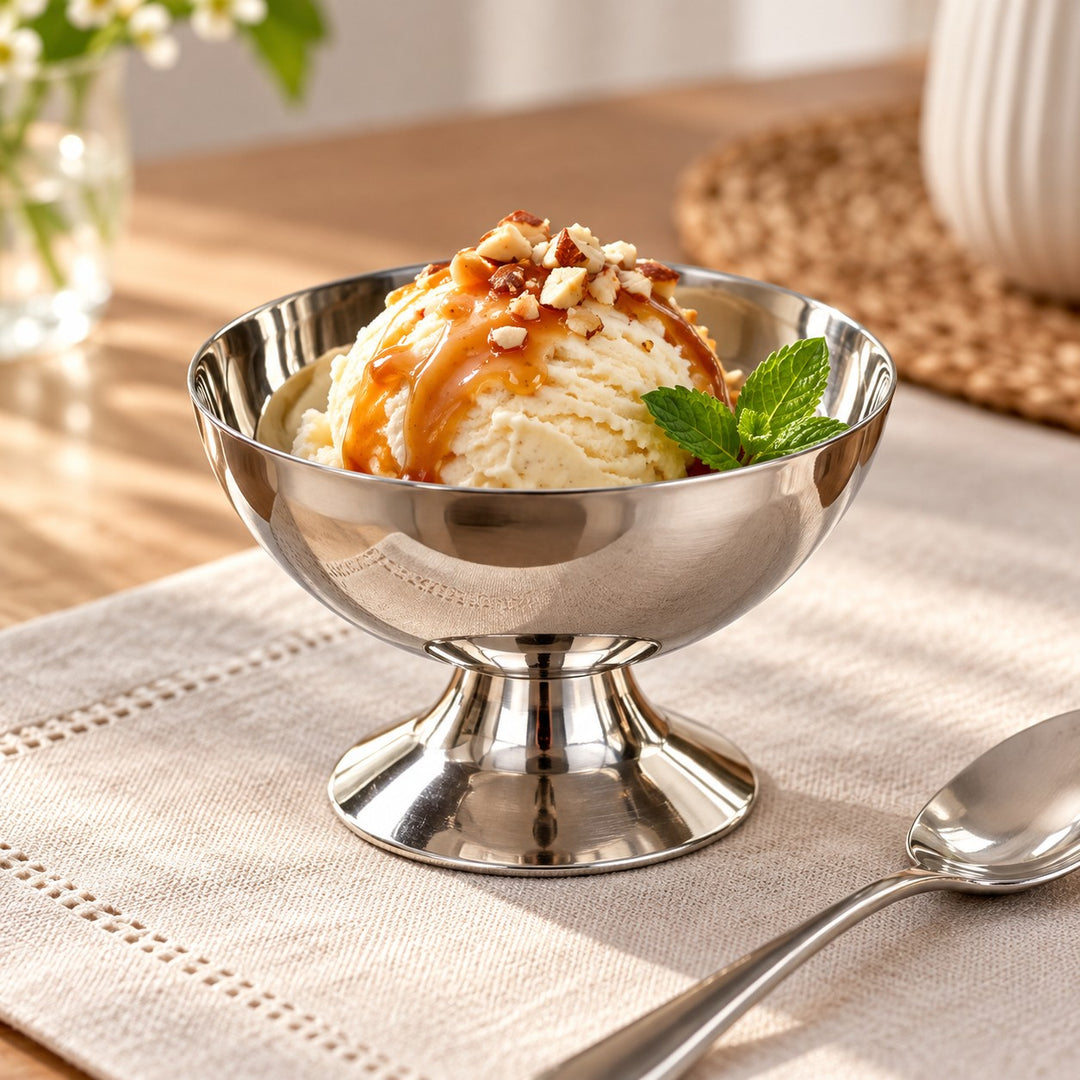 Stainless steel dessert cup serving a scoop of ice cream on a home dining table.