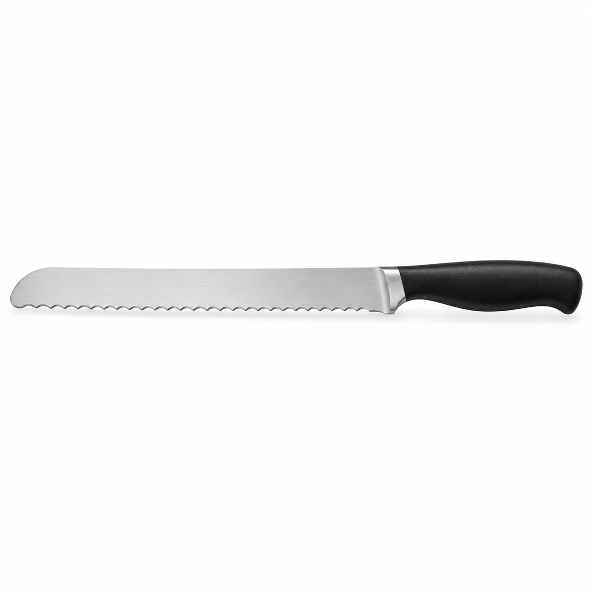 One stainless steel serrated bread knife with a black handle rests alone on a white background.