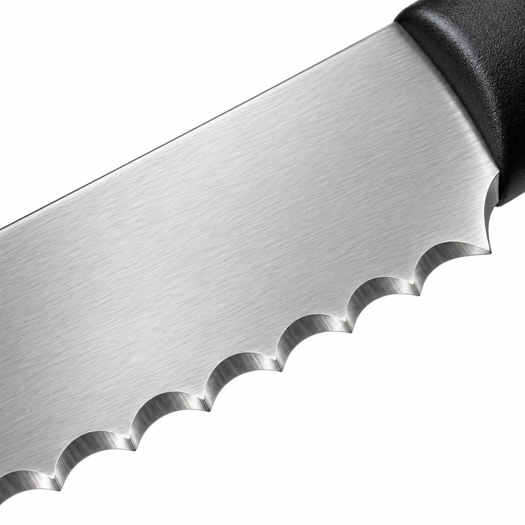 A macro view shows the brushed steel blade, coarse serrations and black handle of the bread knife.