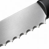 A macro view shows the brushed steel blade, coarse serrations and black handle of the bread knife.