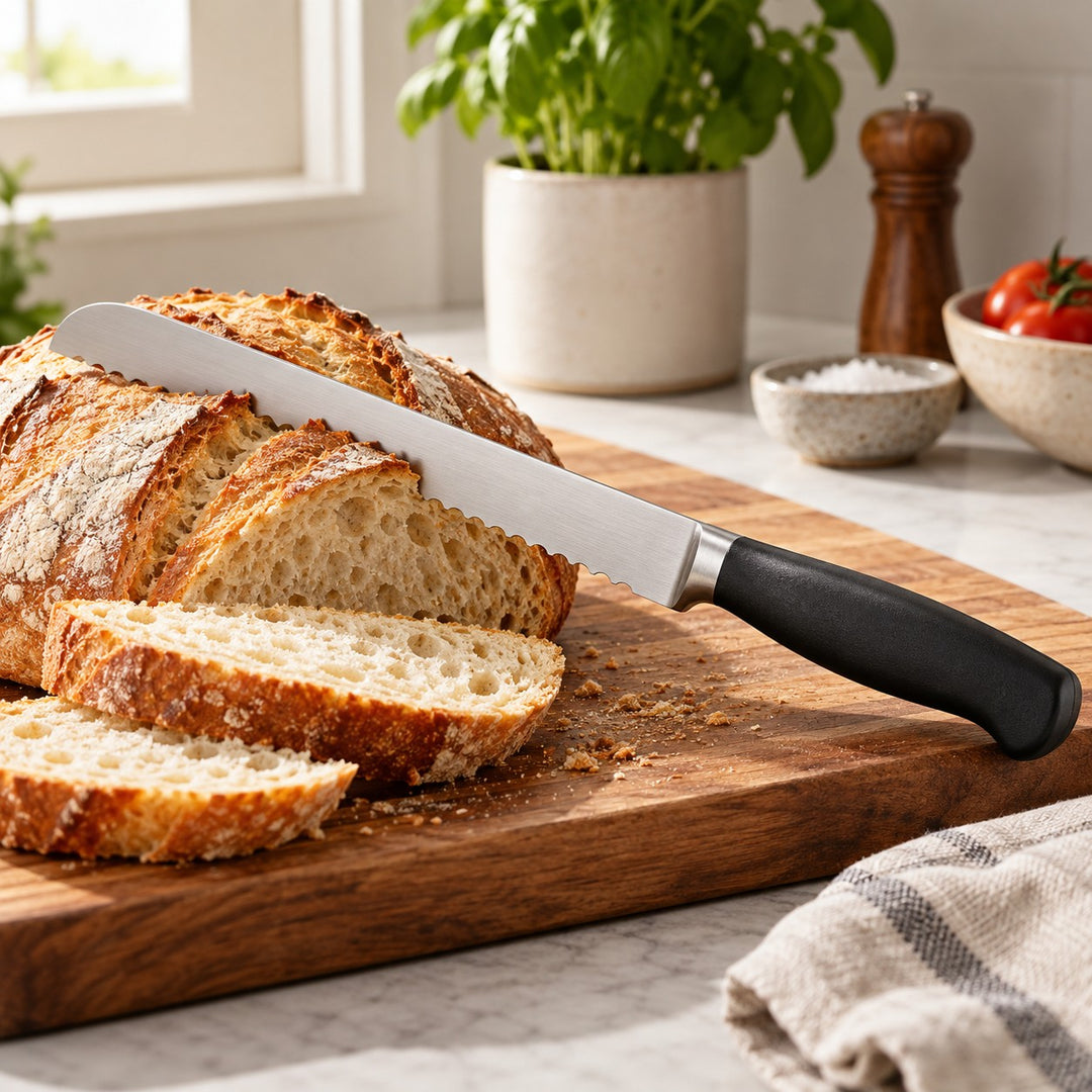A stainless steel serrated bread knife slices a crusty loaf on a wooden board in a bright kitchen.