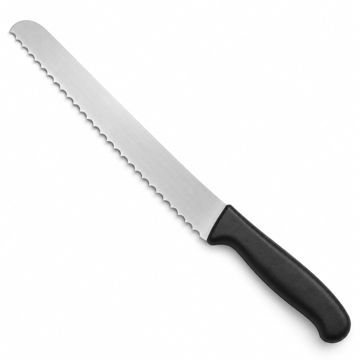 A stainless steel bread knife displays its long, coarse serrated edge against a clean white studio background.