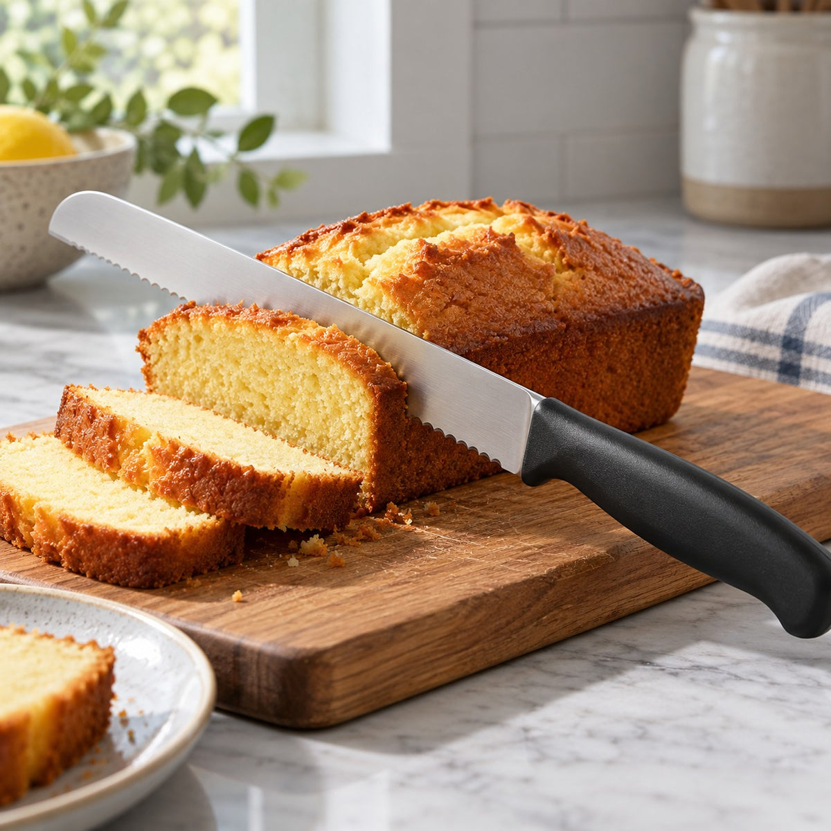 A stainless steel serrated bread knife cuts a golden loaf cake on a wooden board in a bright kitchen.