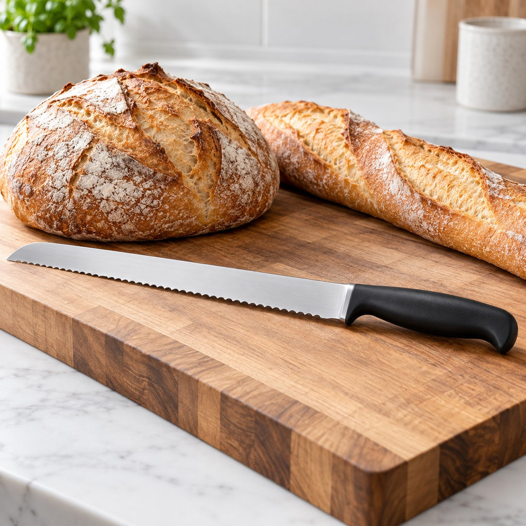 A stainless steel serrated bread knife lies beside a loaf and baguette on a kitchen cutting board.