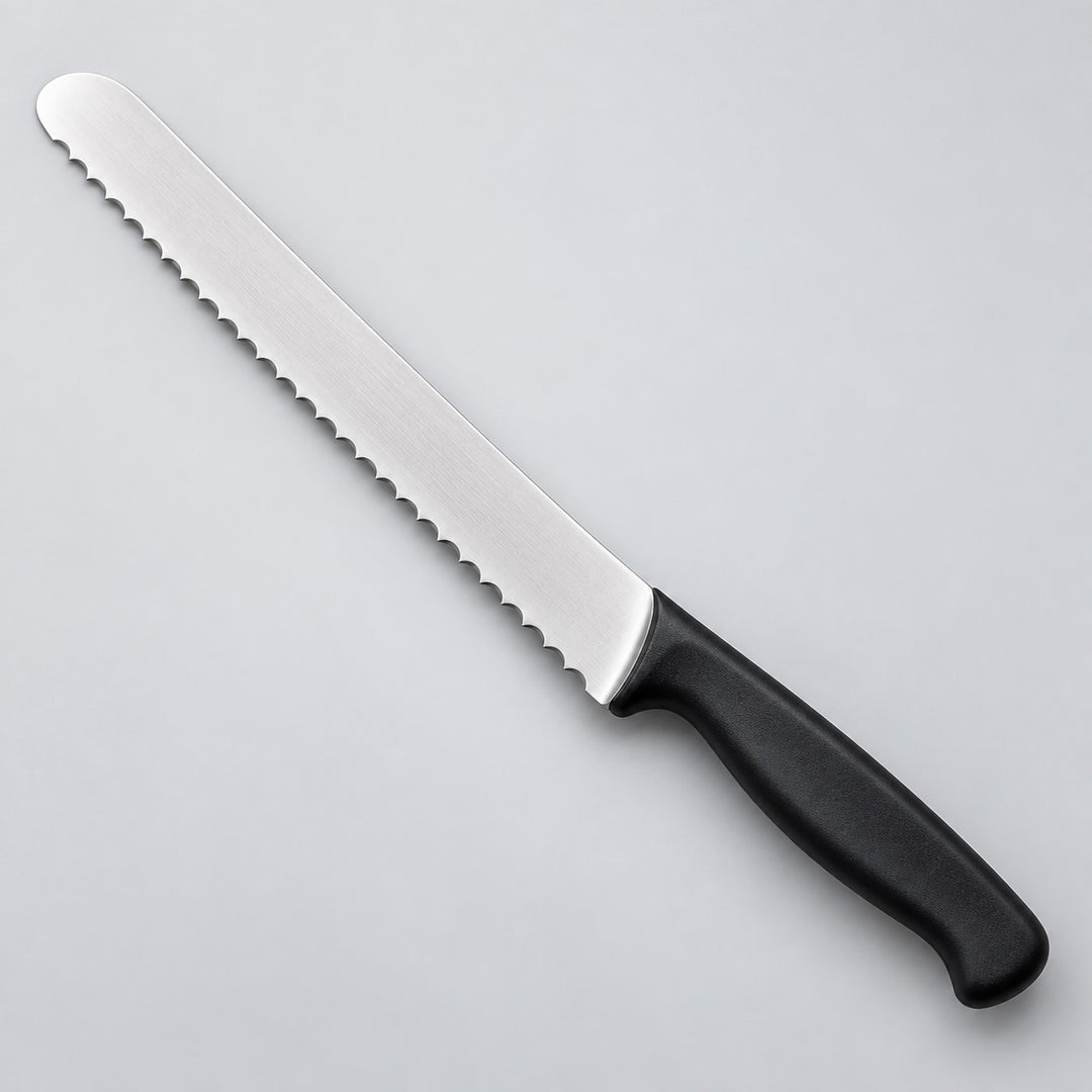One stainless steel serrated bread knife with a black handle is shown on a pale studio backdrop.