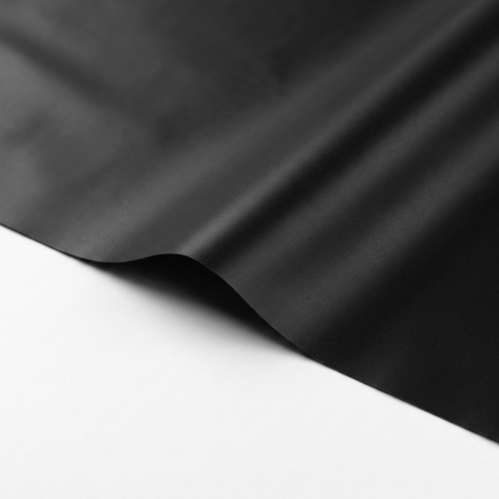 Close-up of a black tablecloth shows a smooth surface, gentle folds and a lifted edge against a white background.