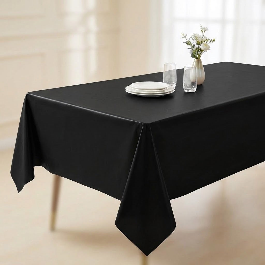 A black rectangular tablecloth draped over a dining table, styled with white plates, two clear drinking glasses, and a small vase of white flowers in a softly lit indoor setting.