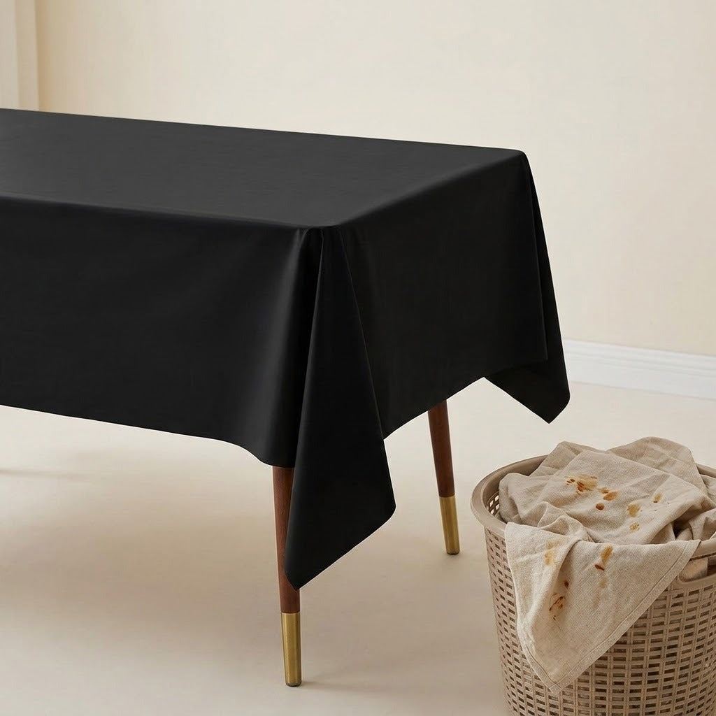 A black rectangular tablecloth draped over a table with wooden legs and gold-tone feet, set in a minimalist room next to a wicker basket holding a beige towel.