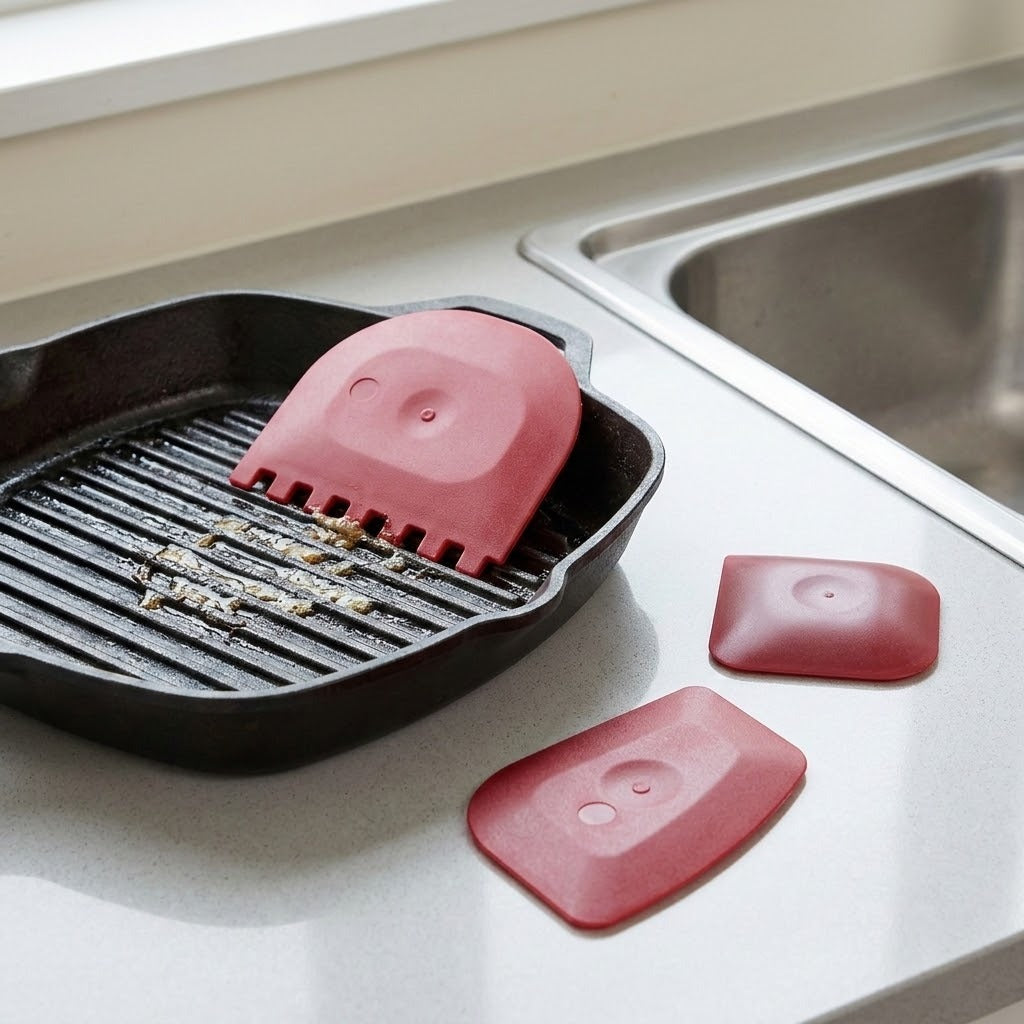 A set of pink silicone grill cleaning scrapers resting on a dark cast-iron grill pan on a kitchen counter, with a stainless steel sink in the background.