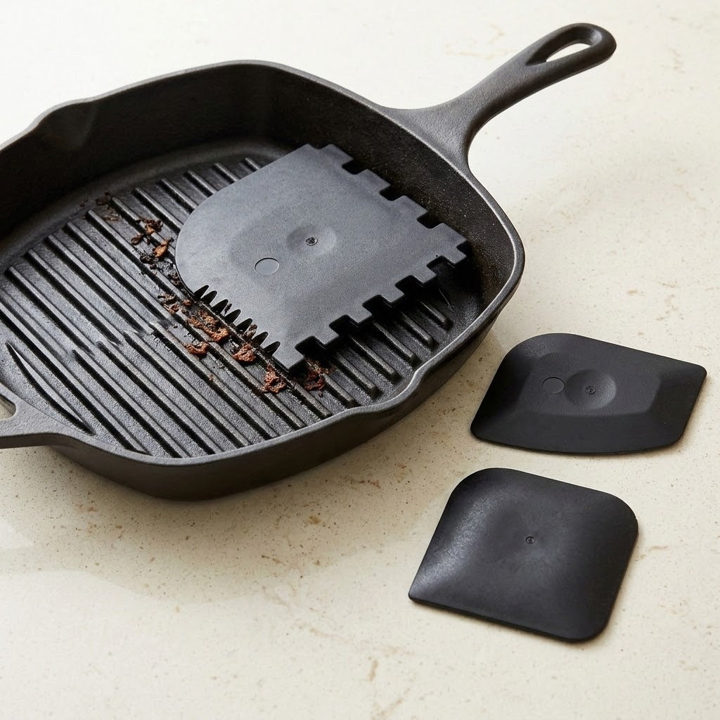 Three black pan scrapers sit inside and beside a ridged cast iron grill pan with food residue on a cream countertop.