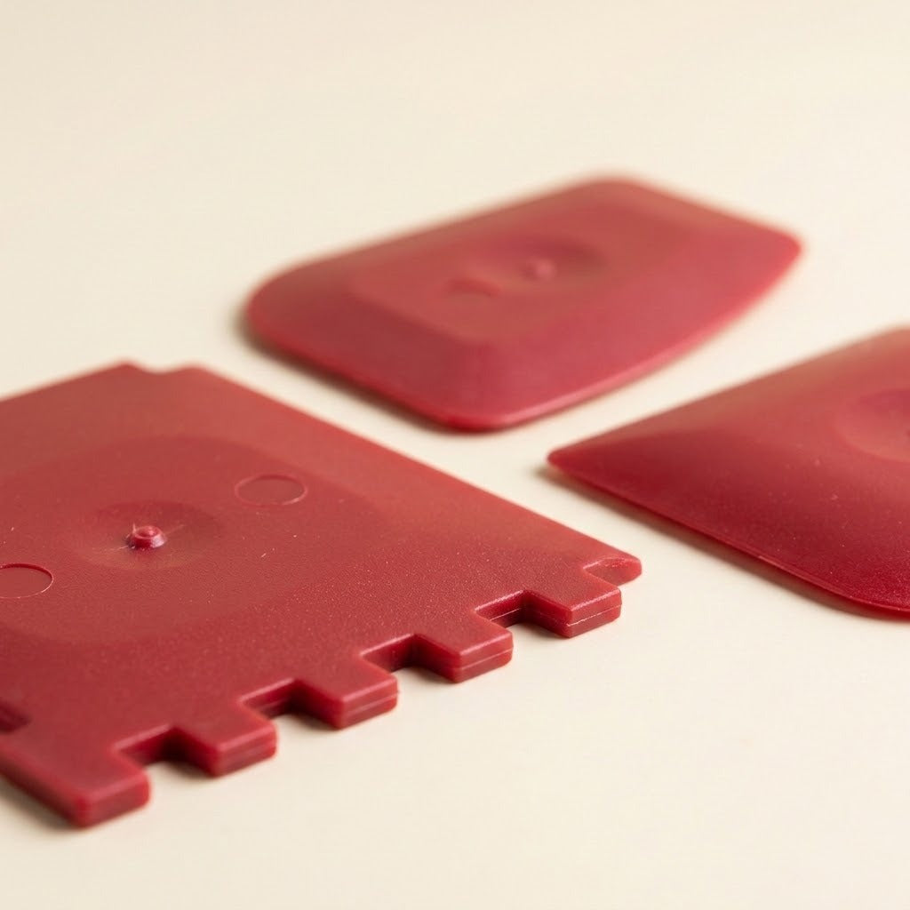 Three red silicone or plastic accessory pieces with rounded rectangular shapes and small circular cutouts, arranged on a plain light beige background.