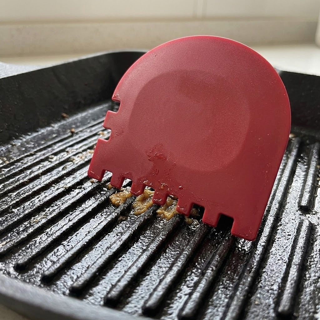 A red silicone grill scraper resting on a black cast iron grill pan with some food debris.