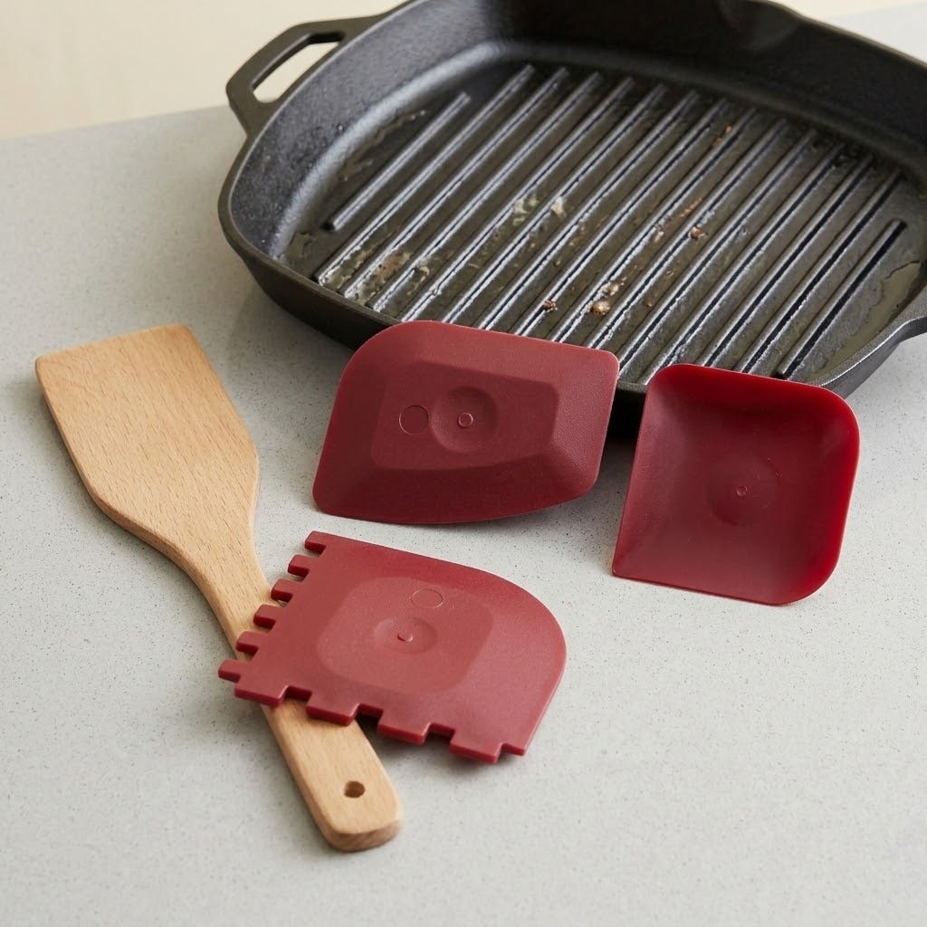 Three red silicone scraping tools and a wooden spatula arranged on a light gray surface, with a black cast-iron grill pan in the background.