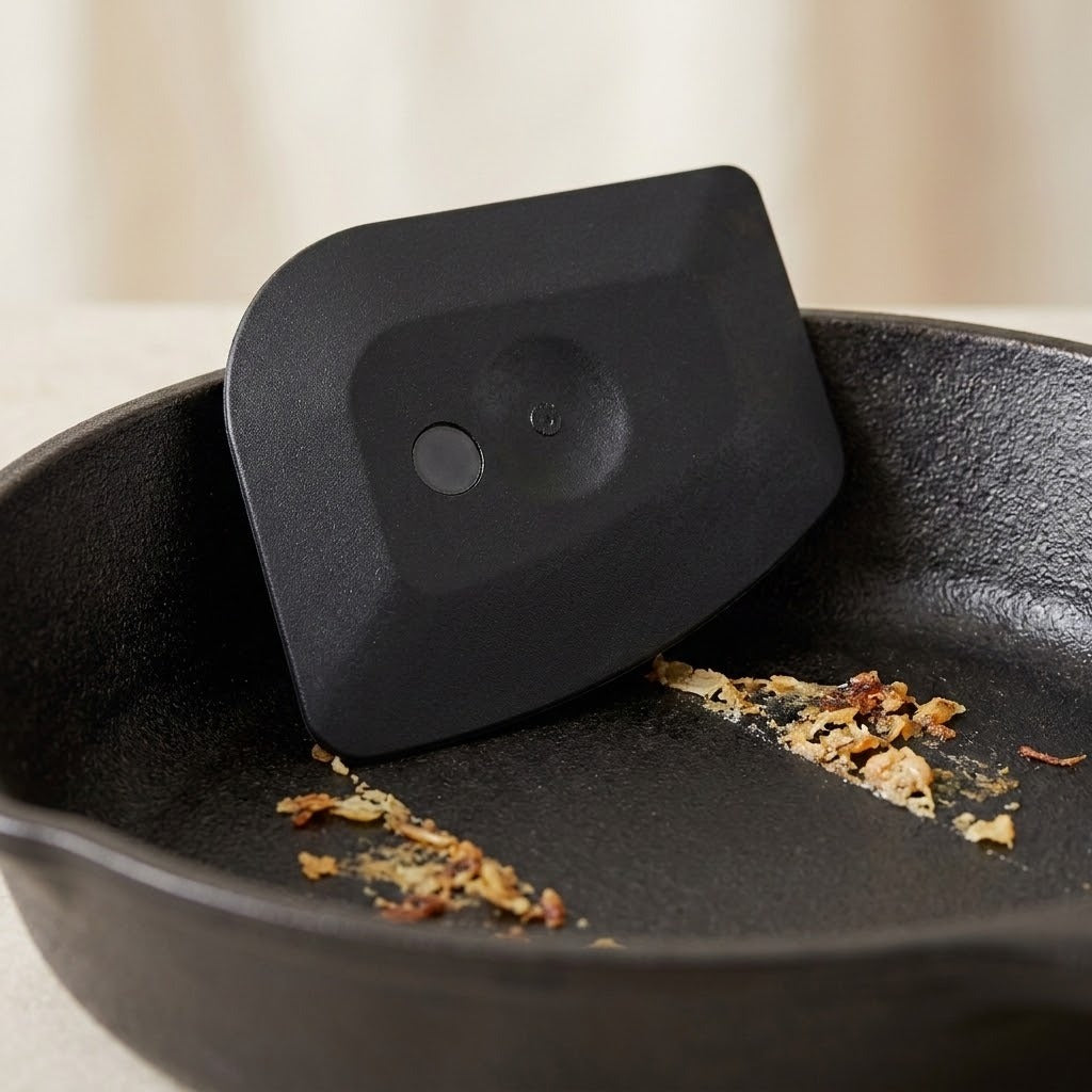 A black silicone pan scraper resting inside a black cast iron skillet, with some toasted food debris visible on the pan.