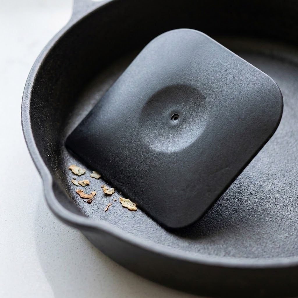 A black scraper with rounded corners rests inside a cast iron skillet beside loose food flakes on a pale countertop.
