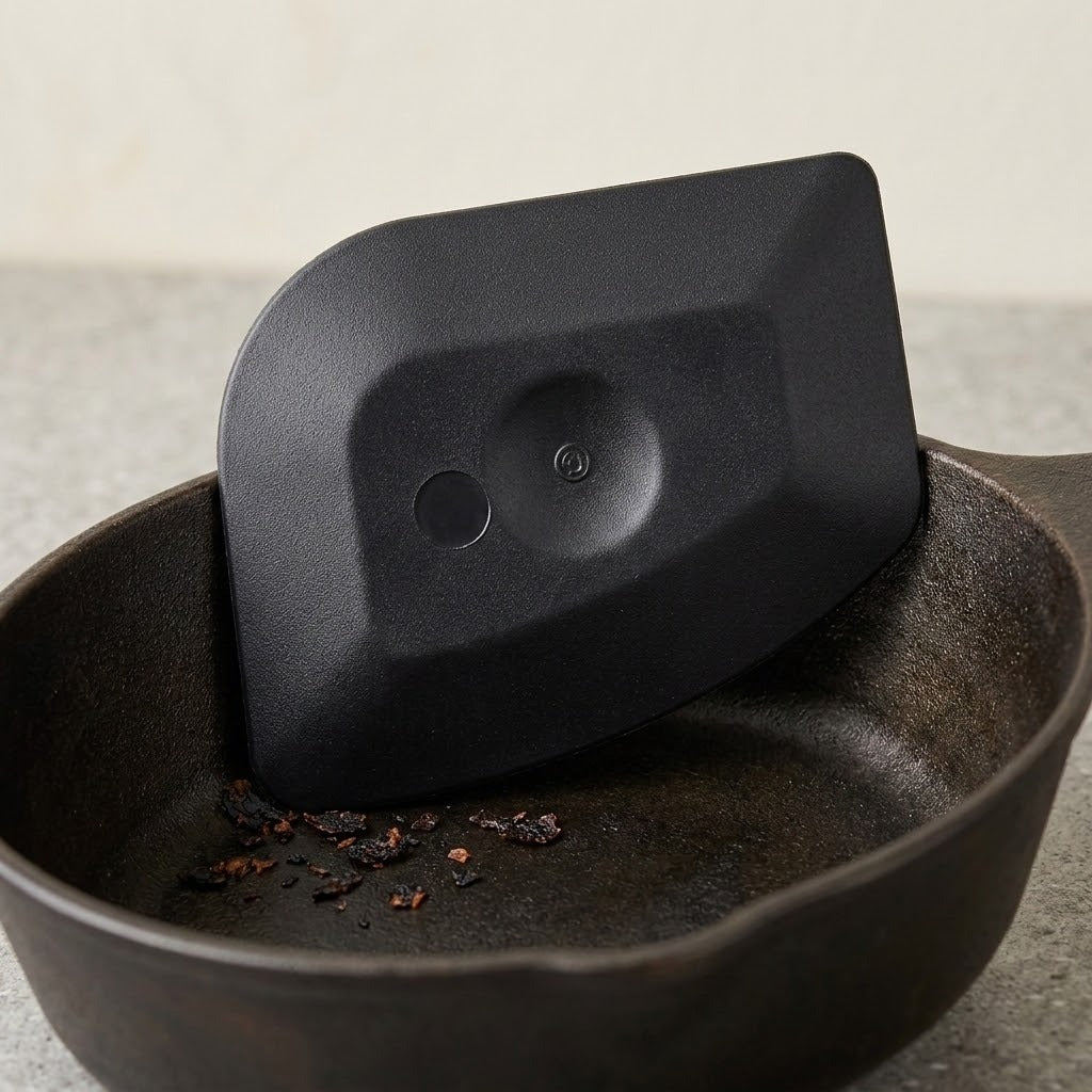 A black pan scraper with a circular hole leans inside a cast iron skillet with browned food residue on a grey countertop.