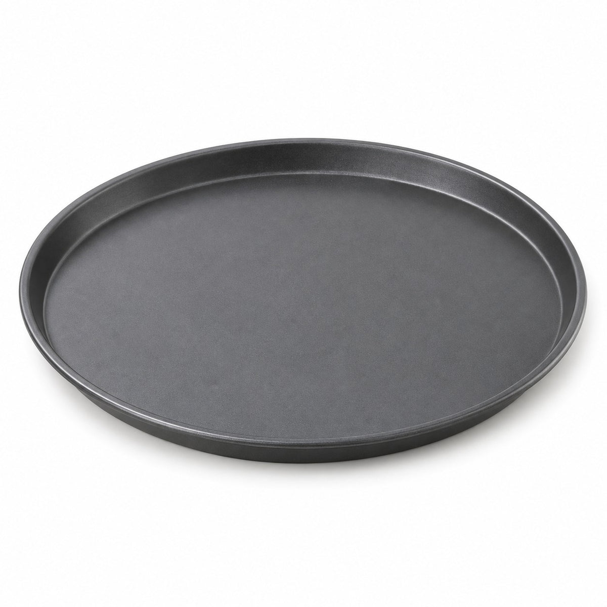 One charcoal gray round nonstick pizza pan shown alone on a pure white background.
