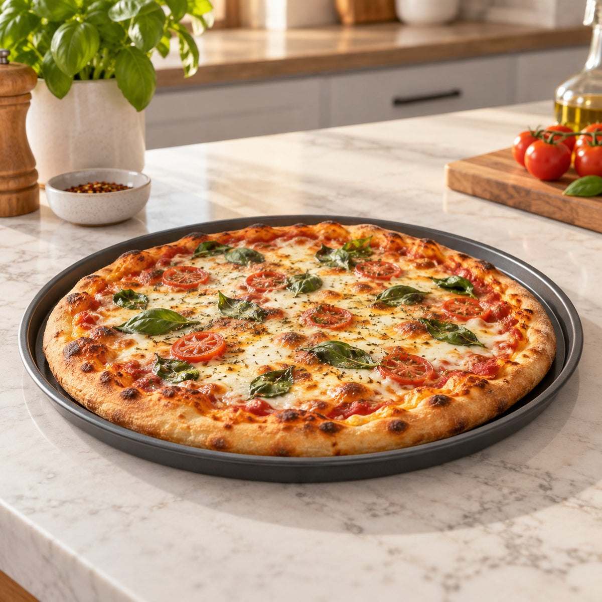 Round nonstick pizza pan with a baked homemade pizza on a sunlit kitchen island.