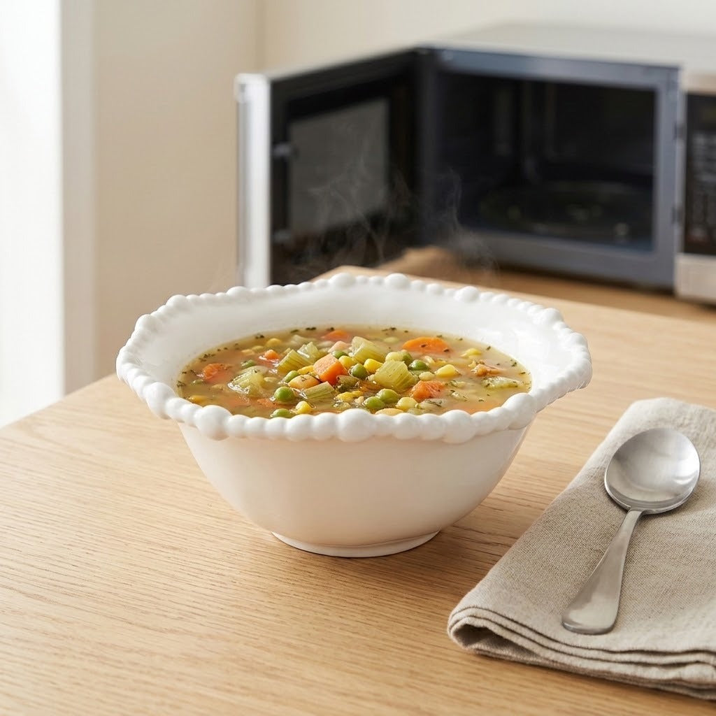 A white ceramic soup bowl with a scalloped rim, filled with vegetable soup and set on a wooden table next to a folded beige napkin with a spoon. A blurred microwave is visible in the background.