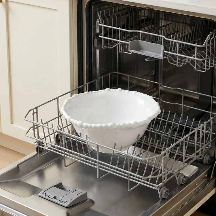 A white bowl with a raised beaded rim sits in the extended lower rack of an open dishwasher.