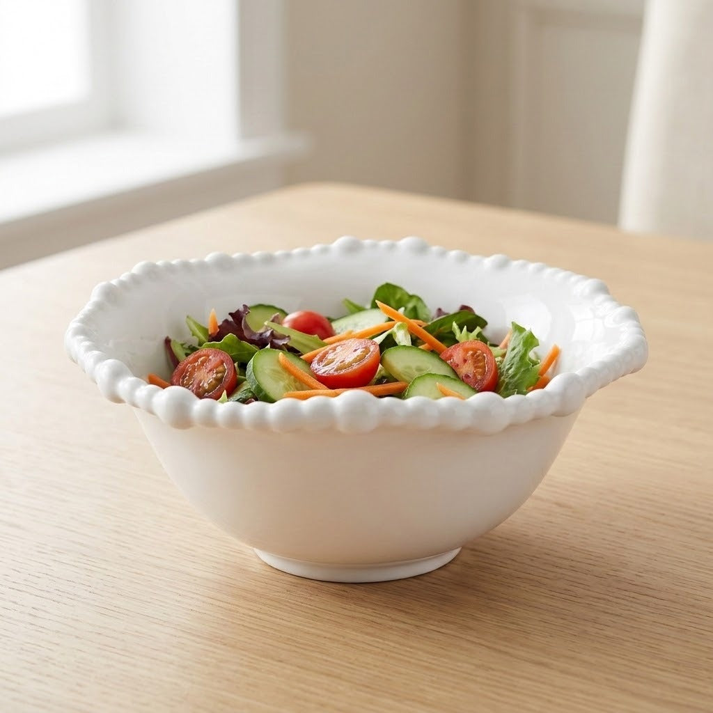 A white beaded-rim bowl holds lettuce, cucumber slices, cherry tomatoes, and shredded carrot on a wooden table near a window.