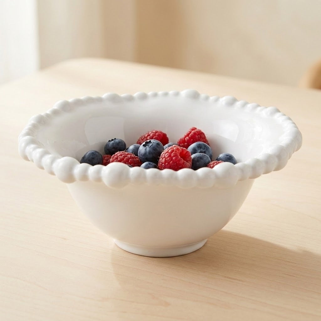 A white bowl with a raised beaded rim holds blueberries and raspberries on a sunlit wooden table.