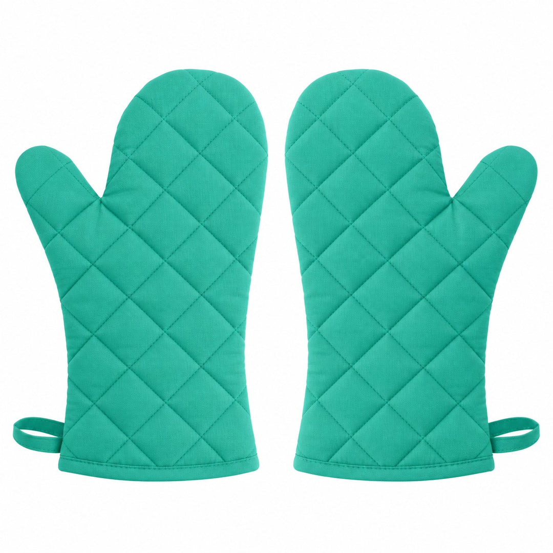 Two matching turquoise cotton blend oven mitts arranged on a pure white background.