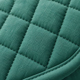 Close-up of the turquoise oven mitt's quilted cotton blend fabric and stitched finish.