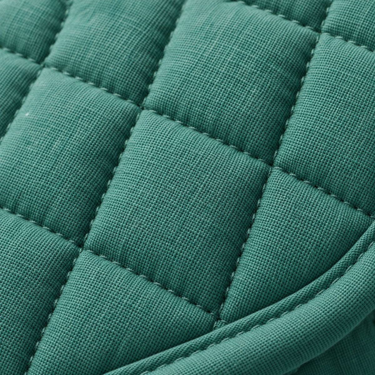 Close-up of the turquoise oven mitt's quilted cotton blend fabric and stitched finish.