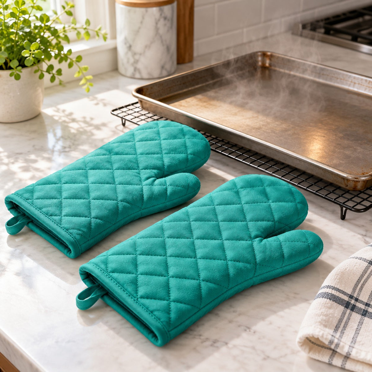 Turquoise cotton blend oven mitt pair beside a hot baking tray on a kitchen counter.