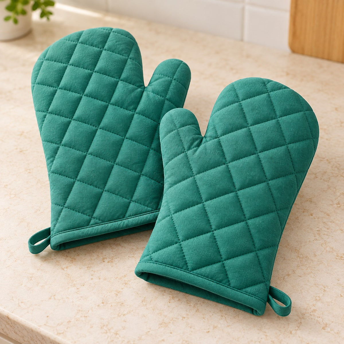 Quilted turquoise oven mitt pair displayed prominently on a softly lit kitchen counter.