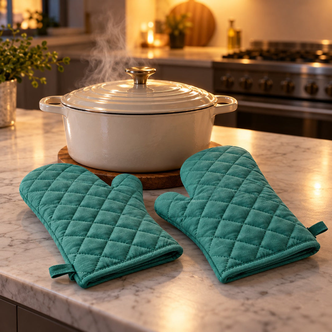 Turquoise oven mitt pair beside a steaming covered casserole pot on a kitchen island.