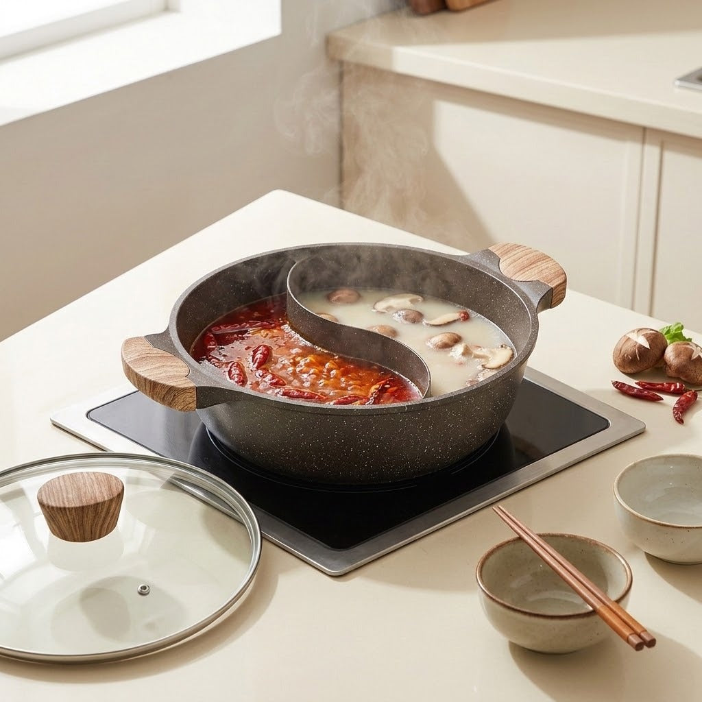 A two-tide hot pot set on a black induction cooktop, featuring a dark gray speckled pot with a wooden handle, a glass lid with a wooden knob, and a steaming red and milky broth inside. The scene is set in a modern kitchen with bowls, chopsticks, and ingredients nearby.