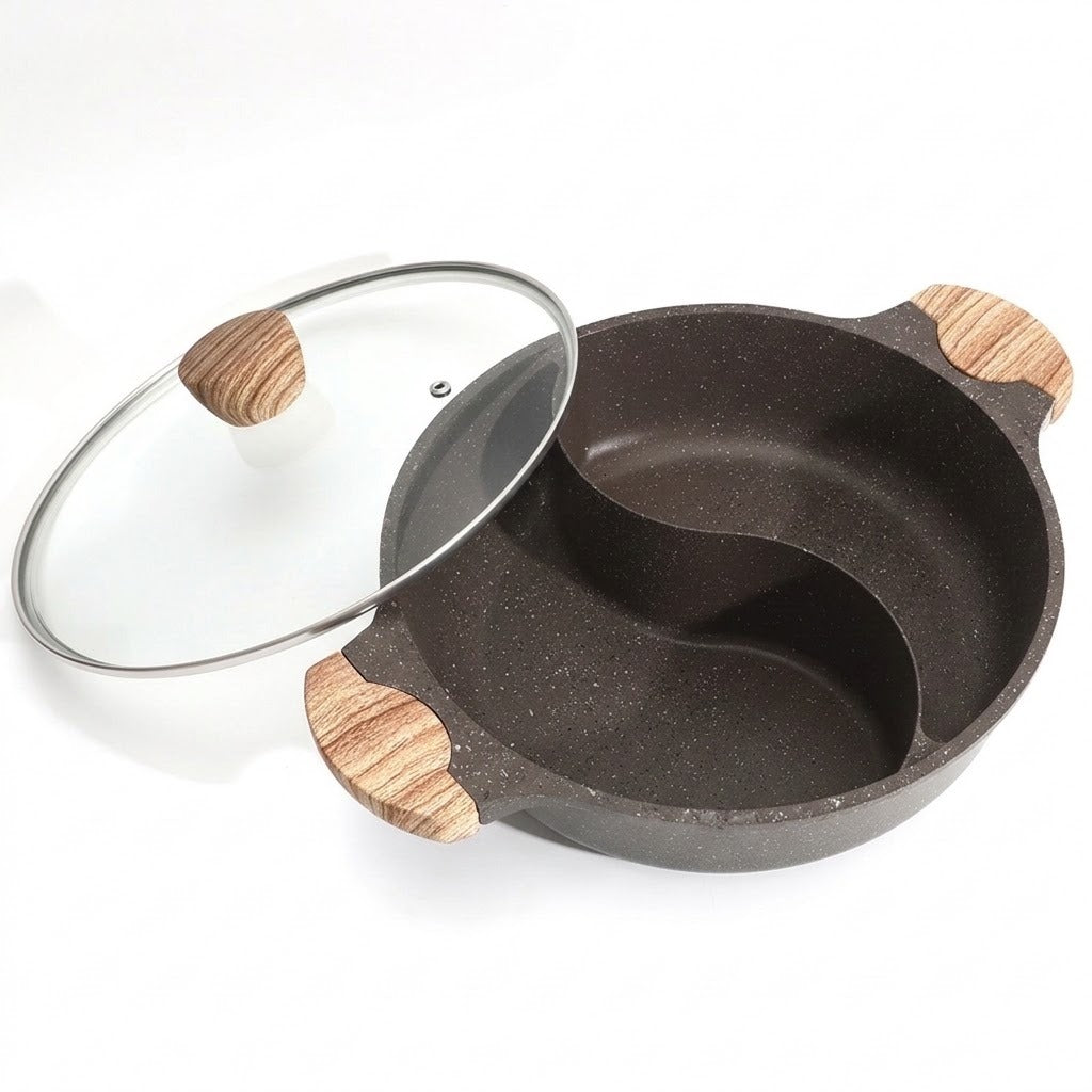 A dark brown speckled divided pot with a glass lid featuring light wood handles, shown on a white background.