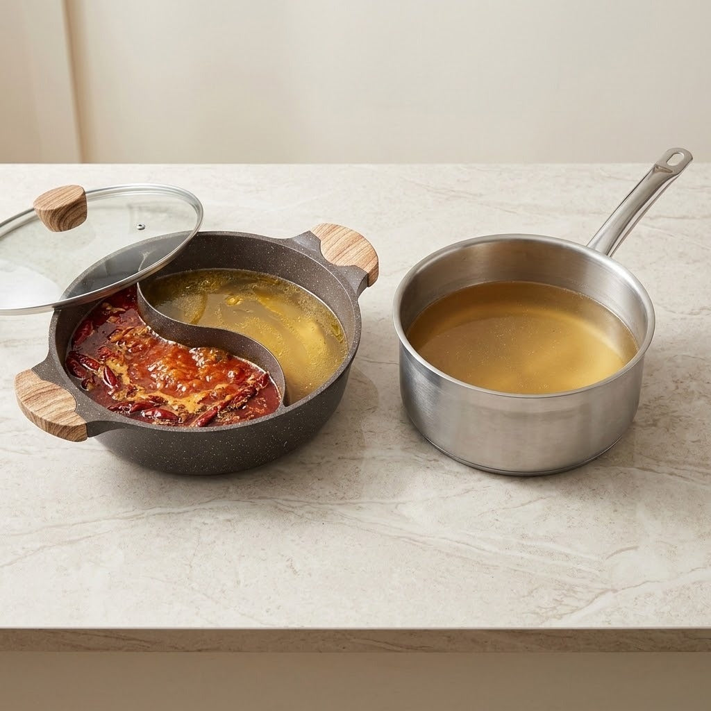 A split hot pot set on a light beige marble countertop, featuring a dark gray divided pot with wooden handles and a glass lid, filled with red and yellow soups, alongside a stainless steel saucepan with a wooden handle containing light brown broth.