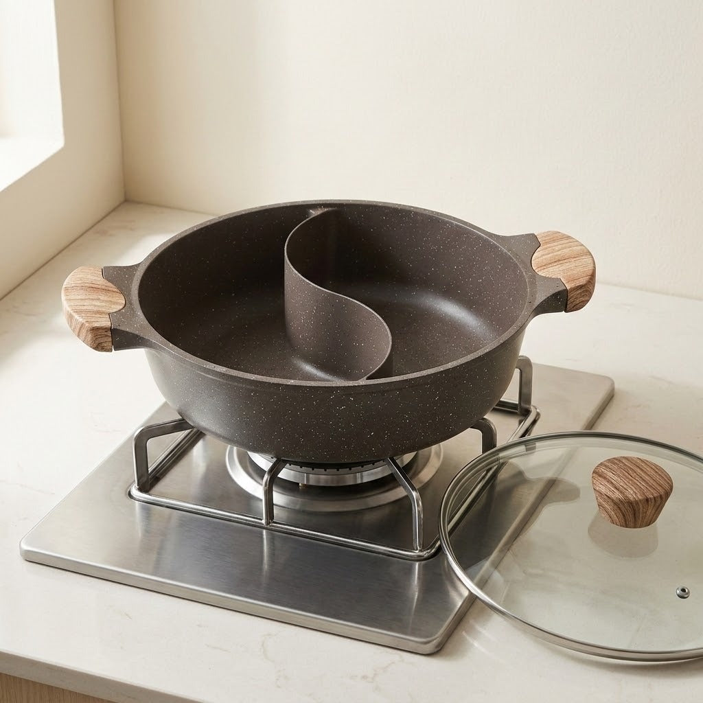 Dark speckled divided hot pot with wood-look handles sits on a gas stovetop beside a glass lid on a white countertop.