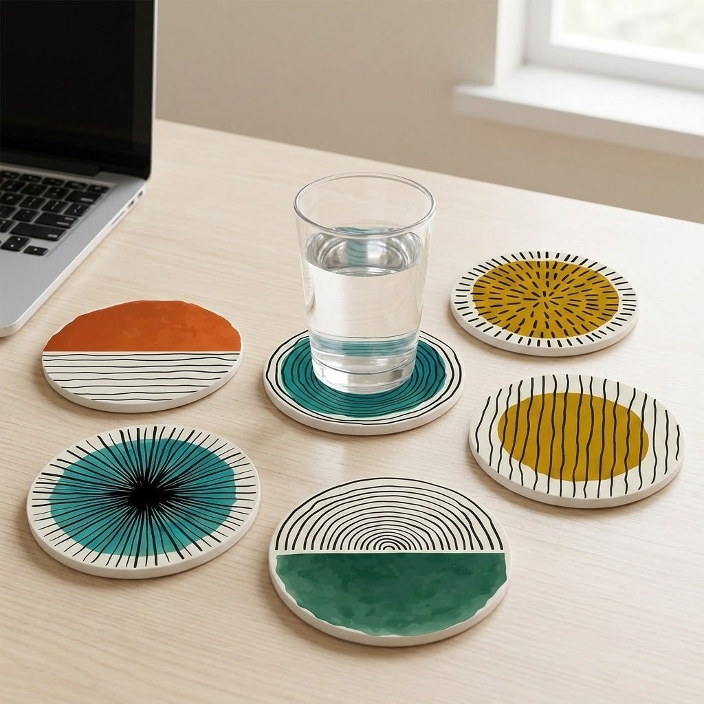 Five round ceramic coasters with abstract hand-painted patterns in orange, teal, yellow, and green, arranged on a light wood desk next to a glass of water and a laptop.
