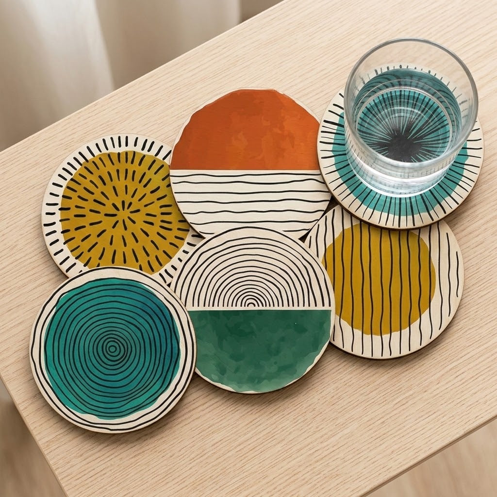 Six overlapping round coasters display colorful geometric patterns on a wooden tabletop, with a water glass resting on the teal sunburst design.