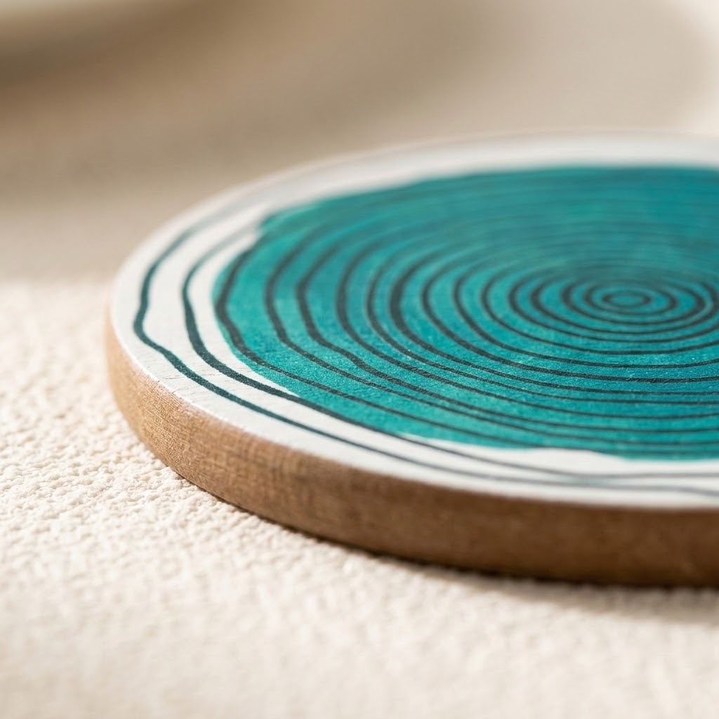 A close-up shows a teal coaster with black concentric circles, a cream border, and a brown edge on beige fabric.