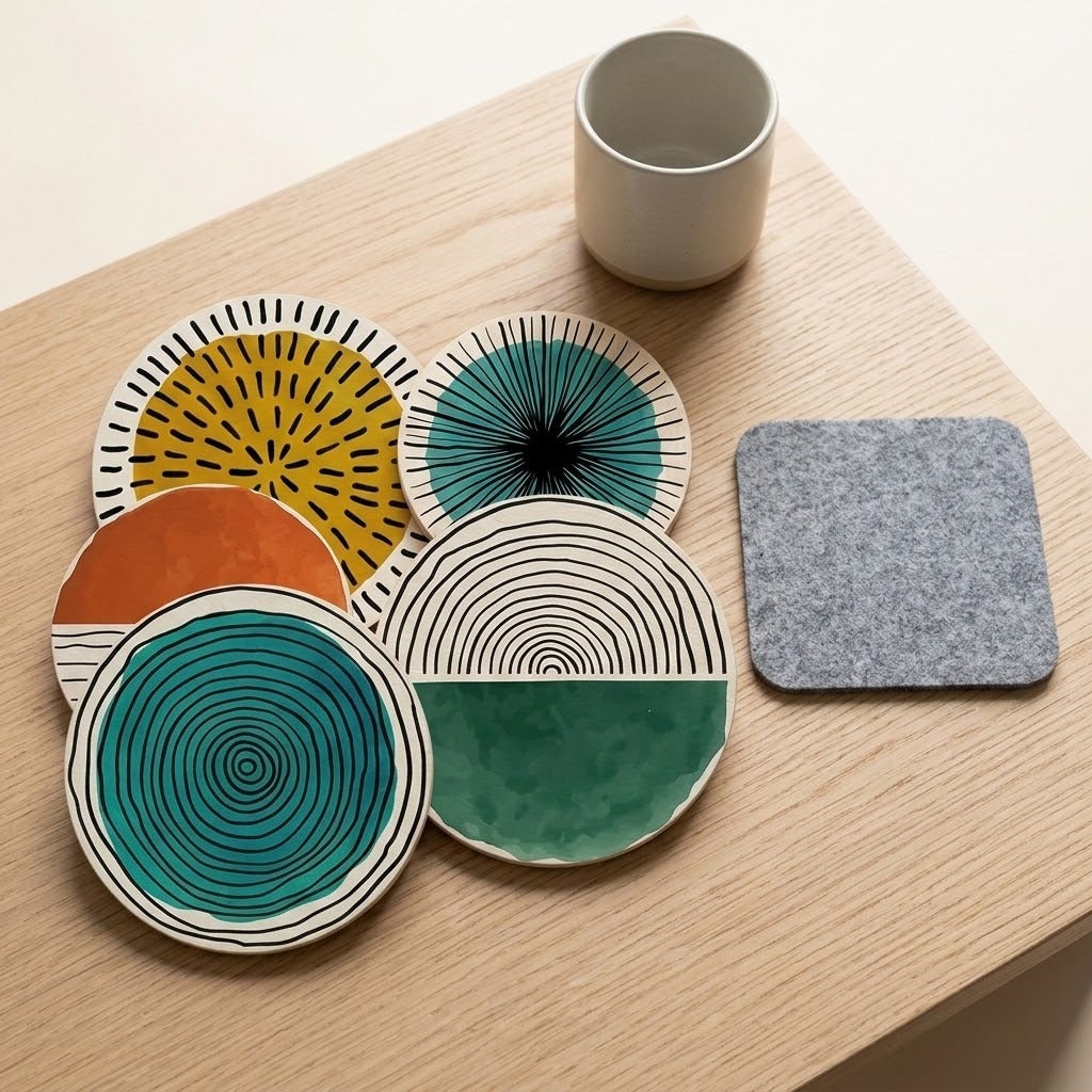 Five round coasters with colourful abstract patterns and one grey square coaster sit beside a beige cup on a light wooden table.