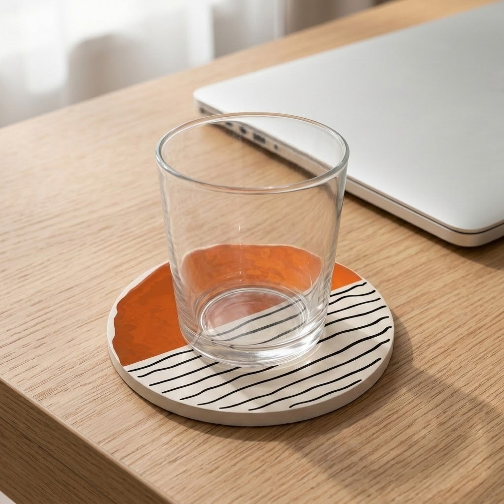 An empty clear glass sits on an orange and cream coaster with black lines beside a closed silver laptop on a wooden desk.