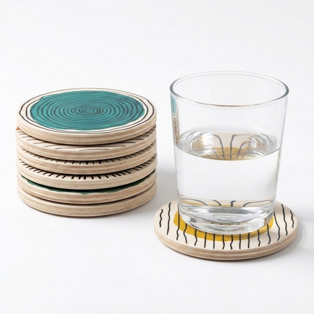 A stack of patterned round coasters stands beside a water glass on a yellow striped coaster against a white background.