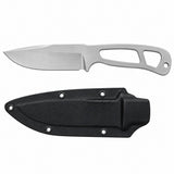 Silver steel fixed blade knife and its black molded sheath shown together on white.